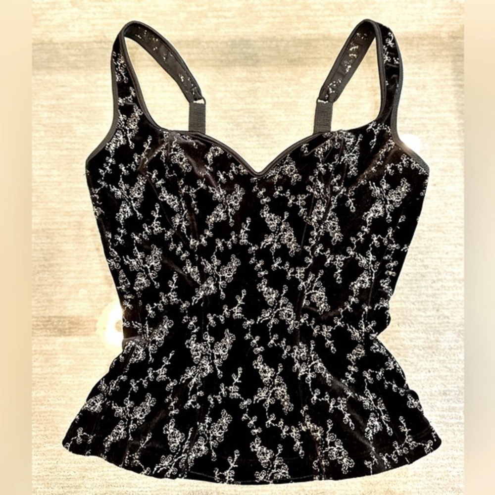 Vintage Valentino Intimo Stretch Corset Top Black Velvet Cream Floral Embroidery
